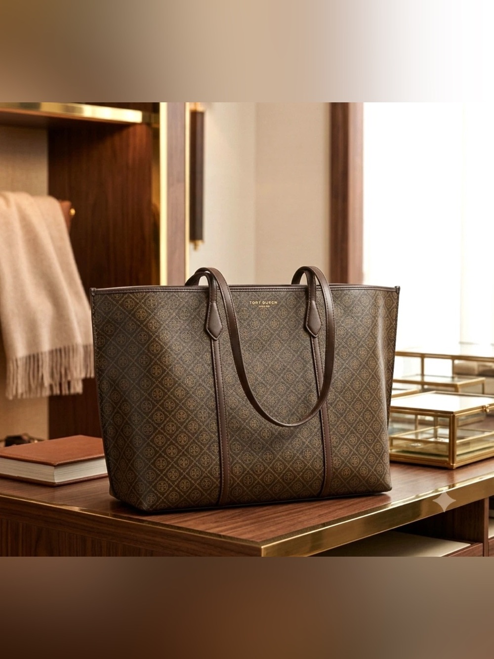Tory Burch Perry Brown Monogram Coated Canvas Large Tote Bag